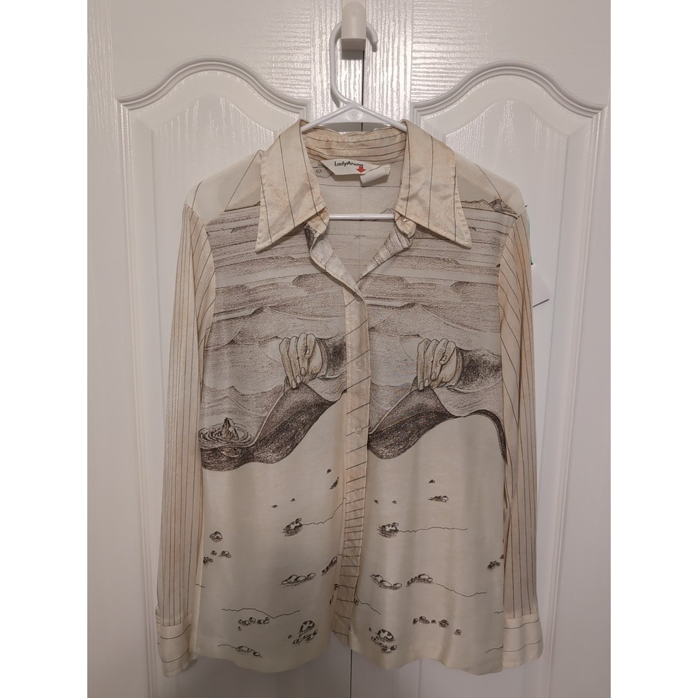 Vintage 70s Lady Arrow Floral Blouse Large Disco Dagger Collar Nylon